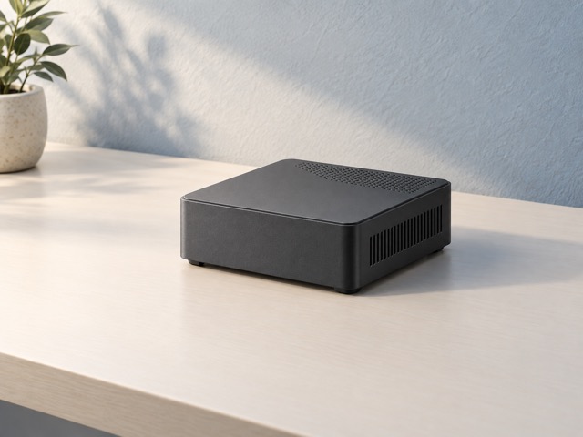 An unbranded mini PC with clear space around its ventilation openings.