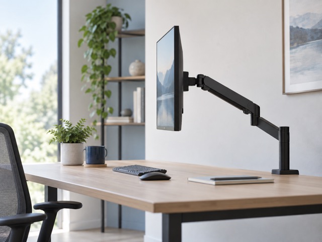 A generic monitor arm with room behind a wooden desk.