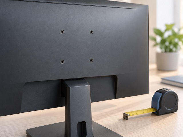 The mounting area on a generic monitor beside a measuring tape.
