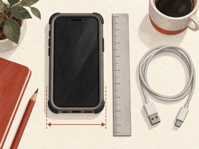 A phone in a thick case beside a ruler and charging cable.