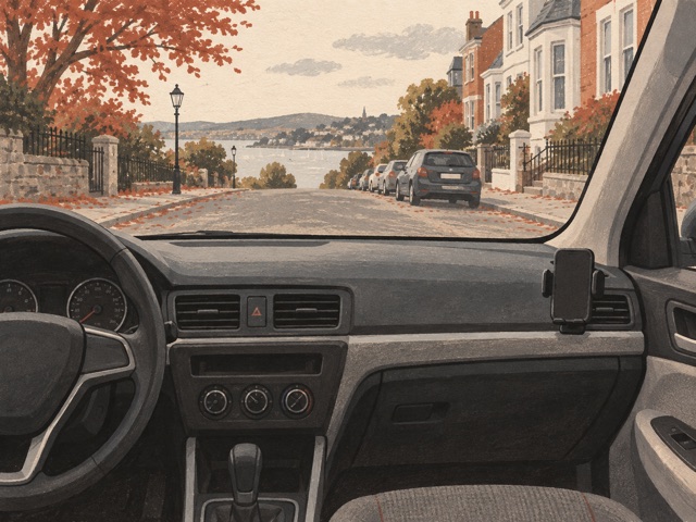 A parked car dashboard with a small generic phone cradle and an unobstructed windshield.