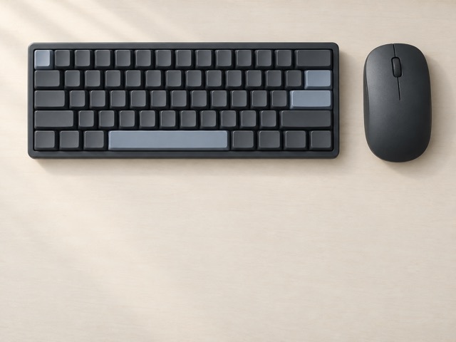 A generic mouse placed close to a compact keyboard on an uncluttered desk.