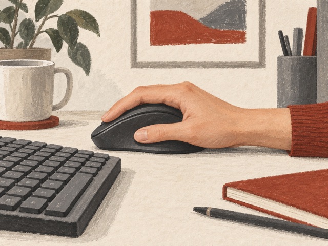 A relaxed right hand resting on an unbranded mouse beside a keyboard.