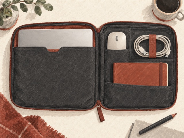 An open travel sleeve containing an unbranded mouse, cable and notebook.