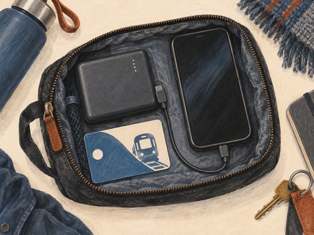 A compact power bank, phone and cable beside an open travel bag.