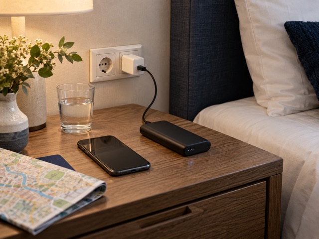 A charging arrangement on a bedside table for the next day.