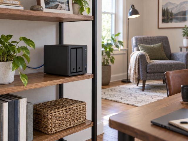 A generic NAS on an open shelf away from a chair
