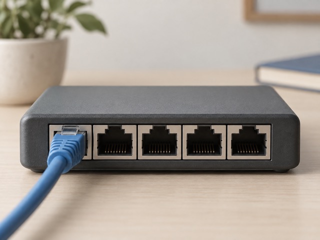 Generic five-port Ethernet switch with one connected cable and four empty sockets.