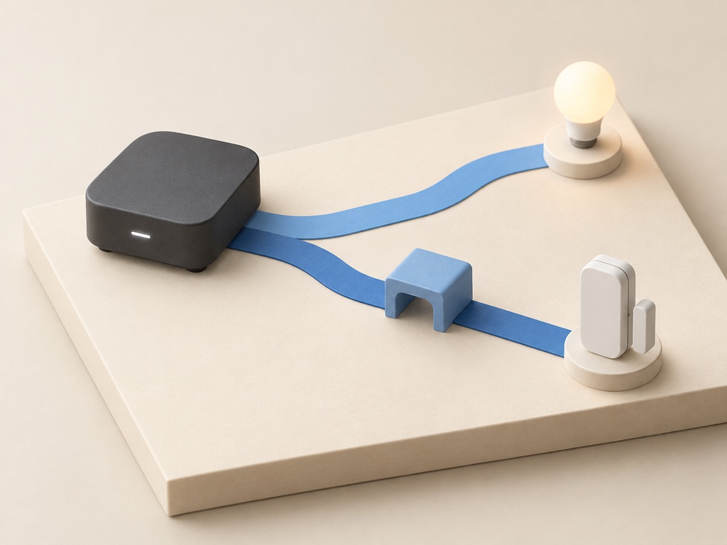 A generic hub linked to a light and a sensor through different paths