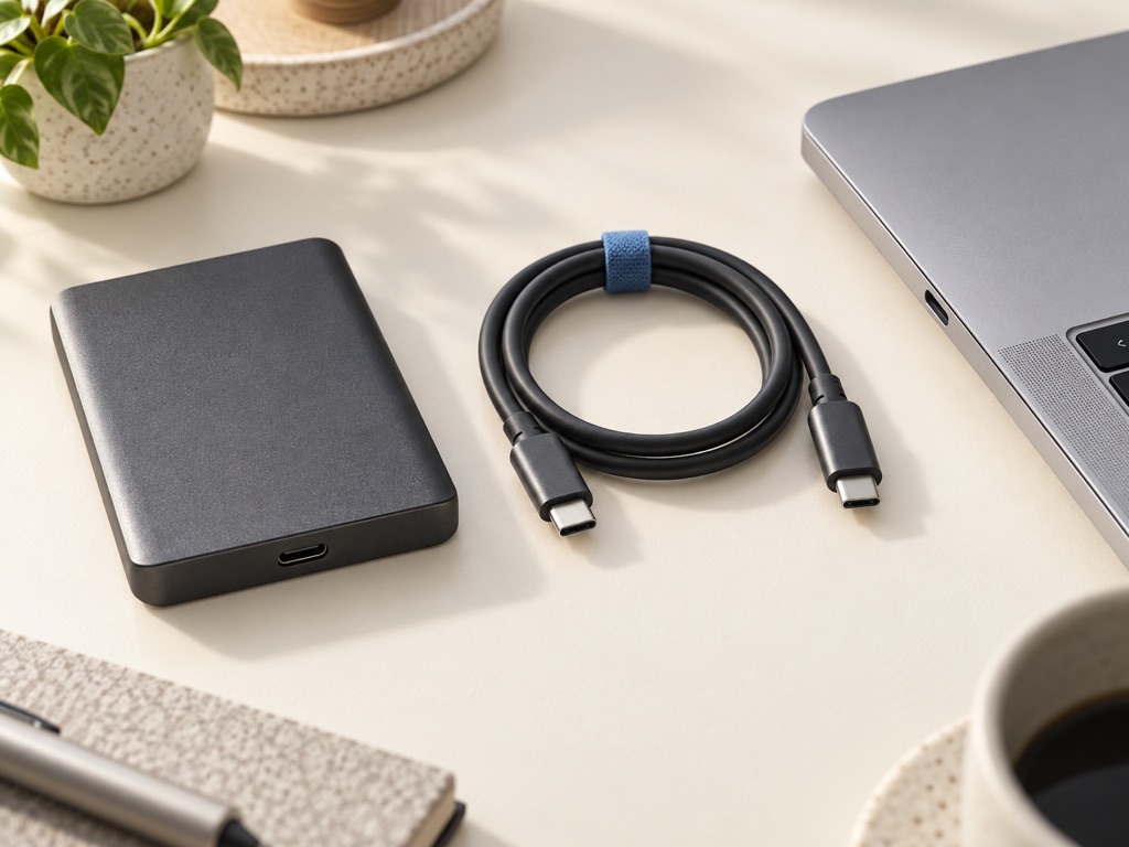 An external drive, USB-C cable and laptop edge shown separately