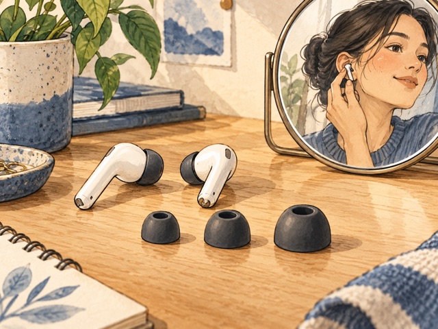 Generic earbuds and three sizes of tips beside a mirror