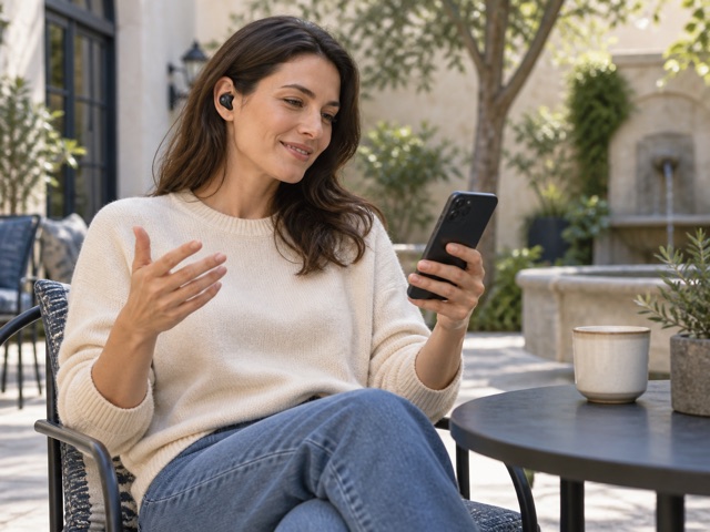 An adult using generic black earbuds and a phone in a courtyard
