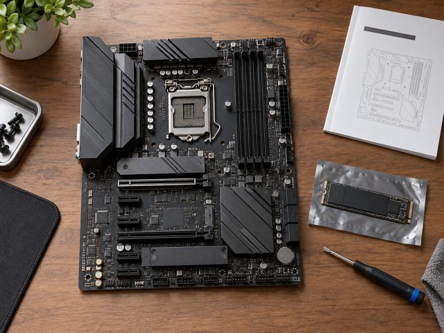 A generic M.2 module beside a powered-off motherboard