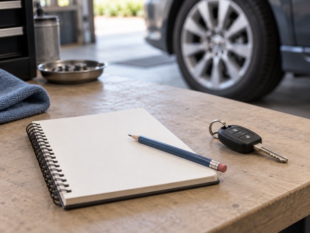 Notebook and car key on a garage workbench.