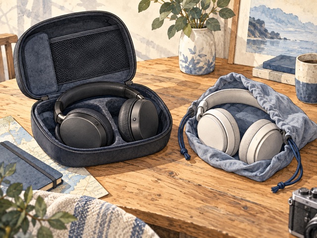 Generic headphones packed in a carry case and soft pouch