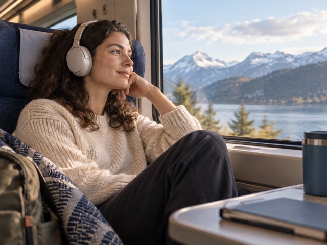 A traveller wearing generic headphones beside a train window
