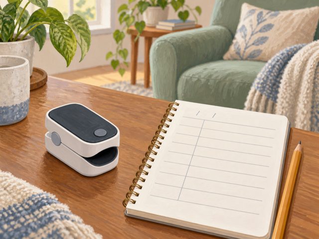 A generic finger sensor beside a notebook
