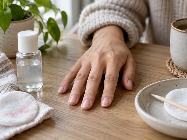 A relaxed hand with unpainted nails resting on a table