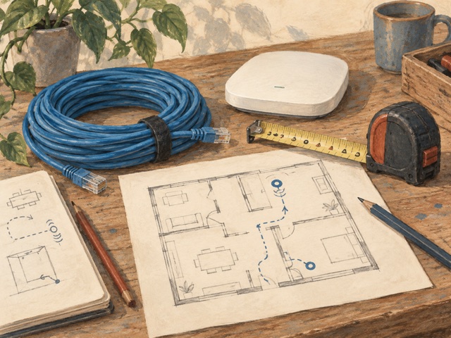 Ethernet cabling laid out to plan a network connection.