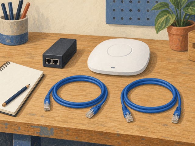 An unbranded PoE injector and two disconnected Ethernet cables beside a network endpoint.