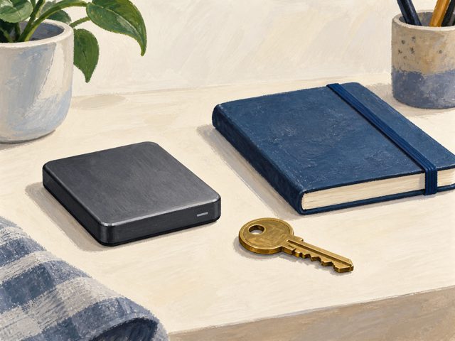 A generic drive, key and closed notebook