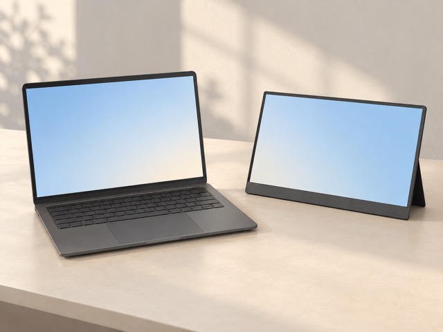 A generic laptop and portable monitor arranged side by side.