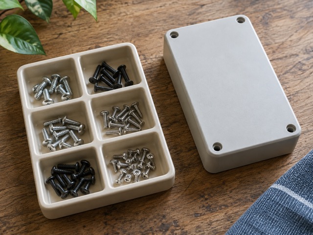 Small screws separated into a compartment tray.