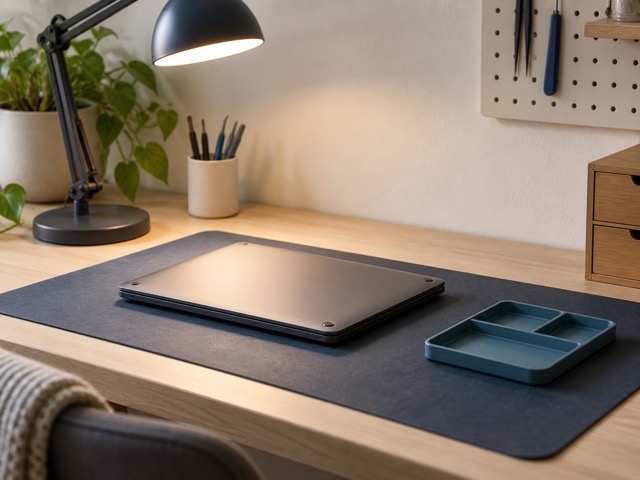 A task lamp illuminating a tidy electronics work surface.