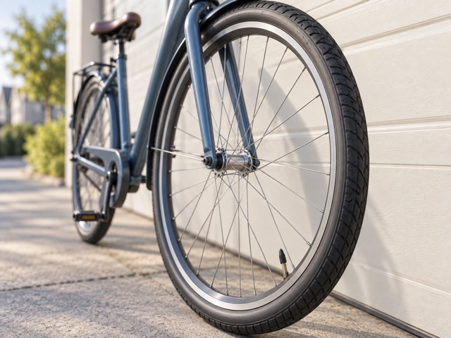 A city bicycle tyre beside a garage wall.