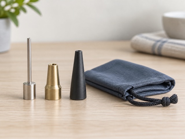 Inflation adapters beside a small fabric pouch.