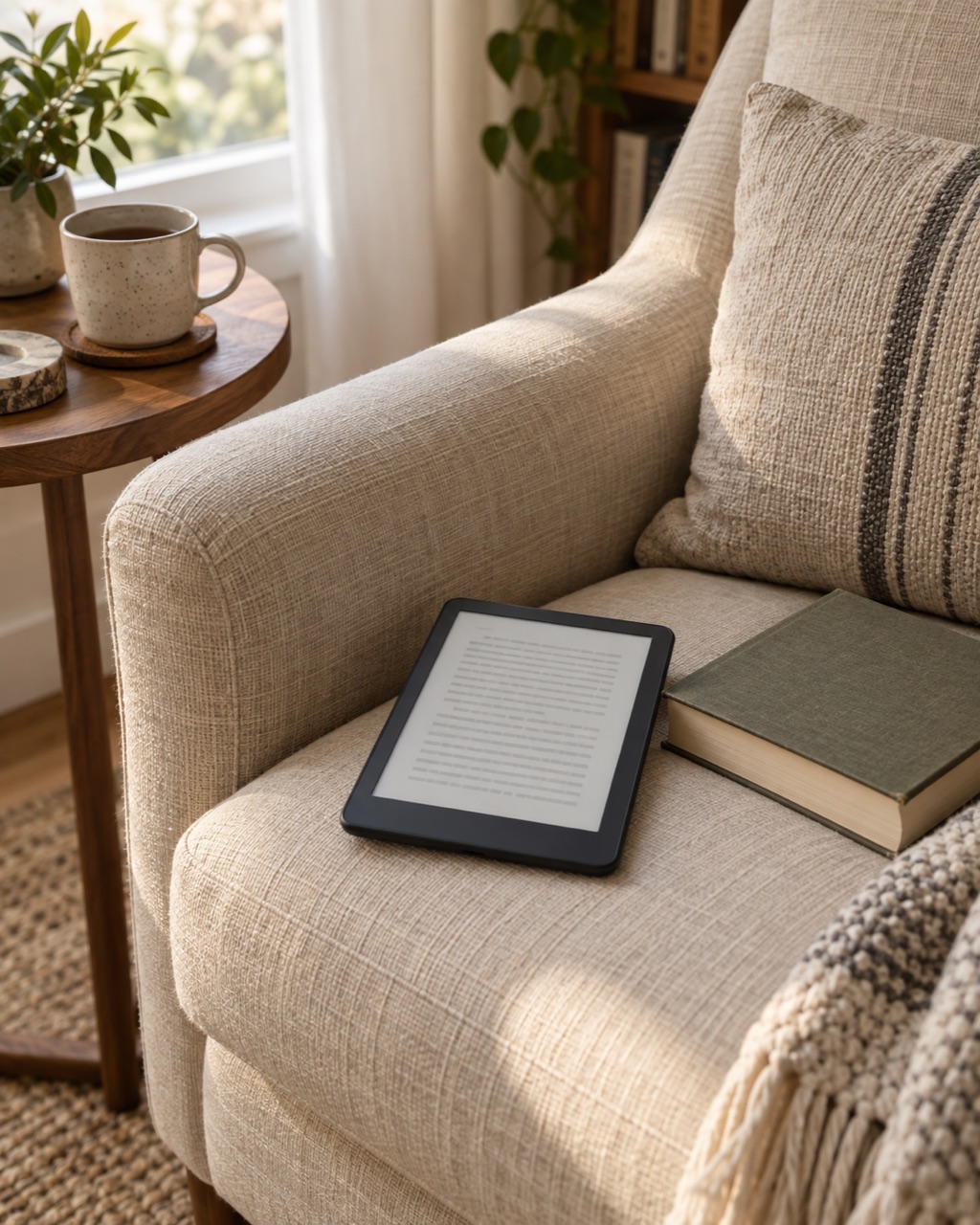 An unbranded e-ink reader and a closed book on a linen armchair.