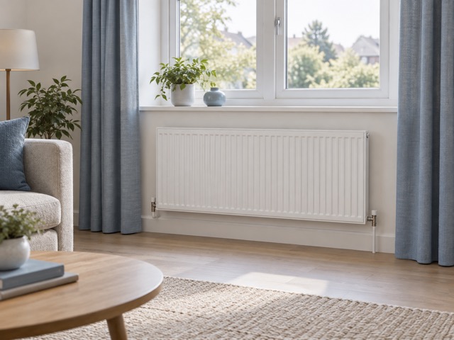 A radiator with curtains and furniture kept clear.