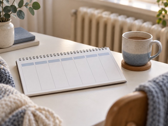 A blank weekly planner with a radiator in the background.