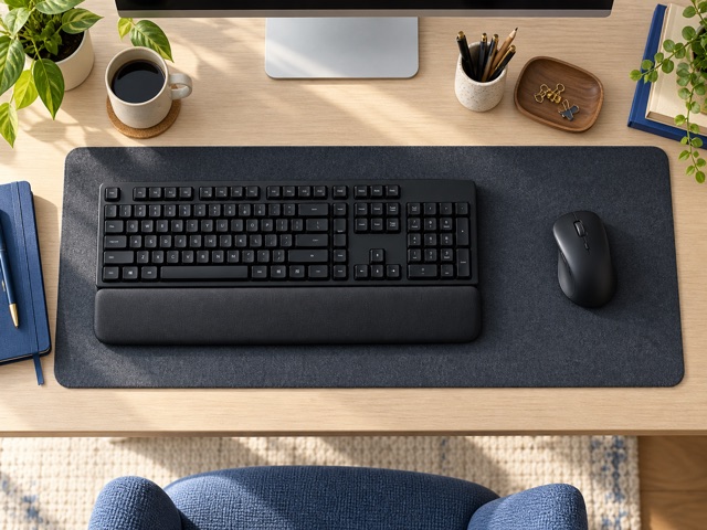 A full-size generic keyboard, wrist rest and mouse with clear desk space