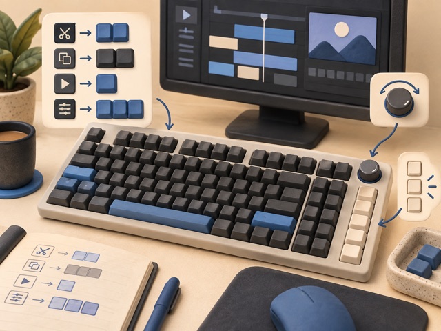 A stylised generic keyboard with shortcut keys and an editing display
