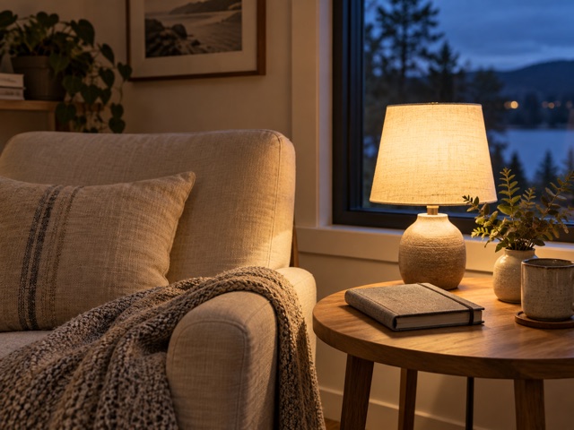 A warm lamp beside a linen chair and a closed book at dusk.