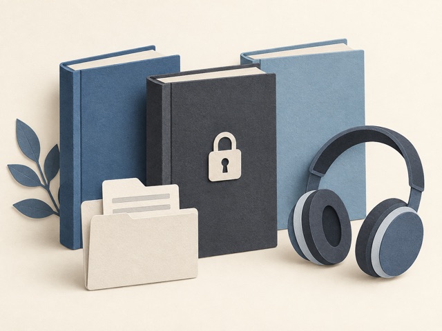 A conceptual illustration of books, a file folder and a padlock on one book.