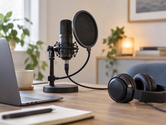 A generic microphone, headphones and laptop on a recording desk.