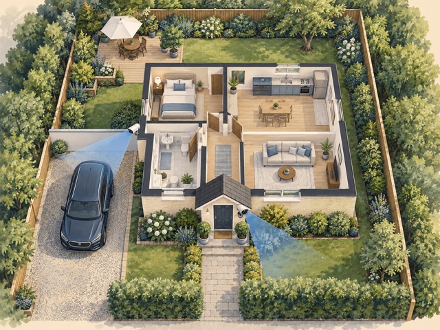 A painted house plan with camera views directed across private grounds
