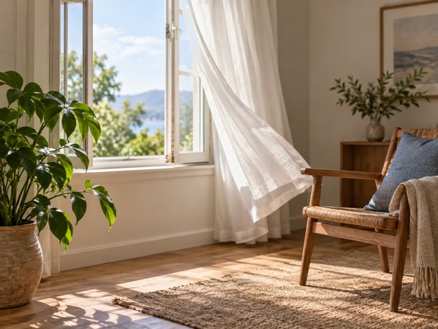 An open window and light curtain in a quiet living room.
