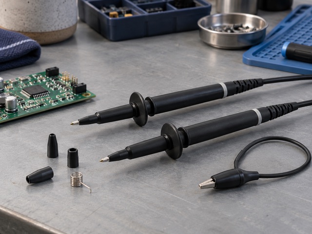 Oscilloscope probes and accessories arranged for inspection.