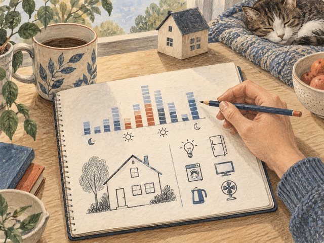 A home energy display with abstract consumption patterns.