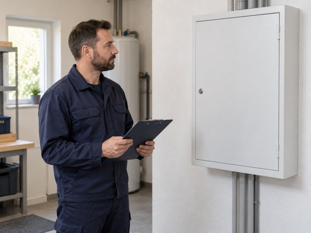 A professional planning beside a closed electrical cabinet.