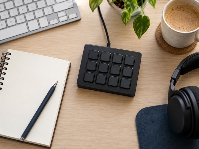 A generic twelve-button keypad beside a notebook and keyboard; not the featured product.