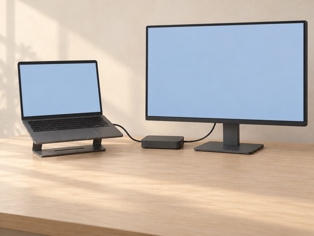 A generic laptop, desk dock and monitor arranged with simple visible connections.