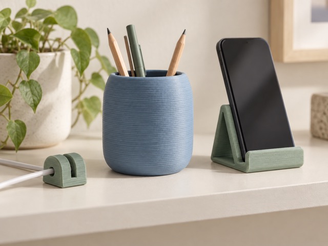 Illustrative small printed cable clip, pencil cup and phone stand.