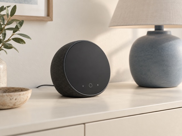 An unbranded home hub on a sideboard beside a lamp.