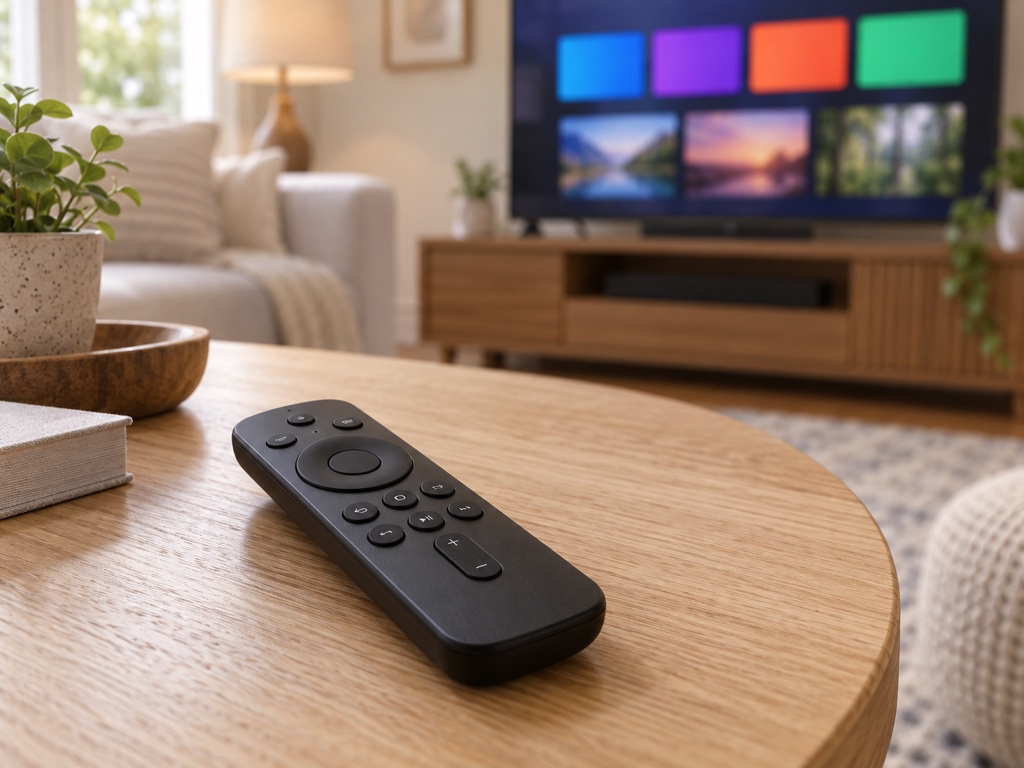 A remote control on an oak coffee table with a television in the background.