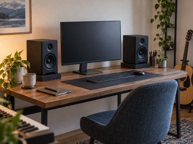Two generic studio speakers arranged around a computer screen.