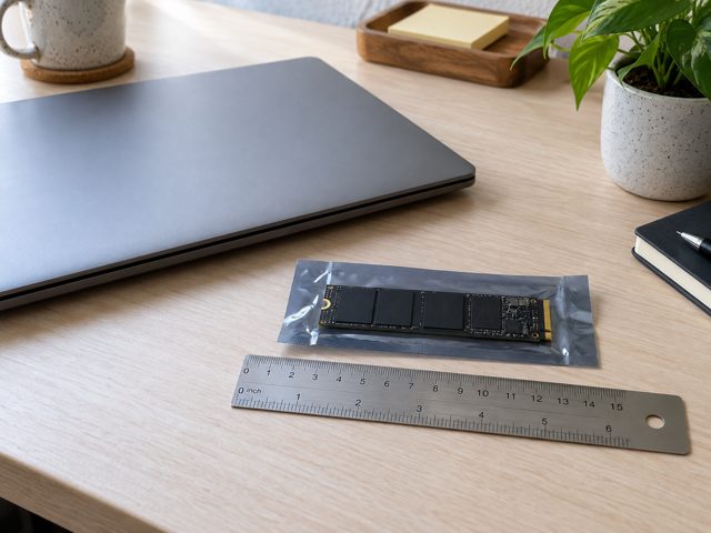 A laptop, ruler and generic SSD prepared for an upgrade